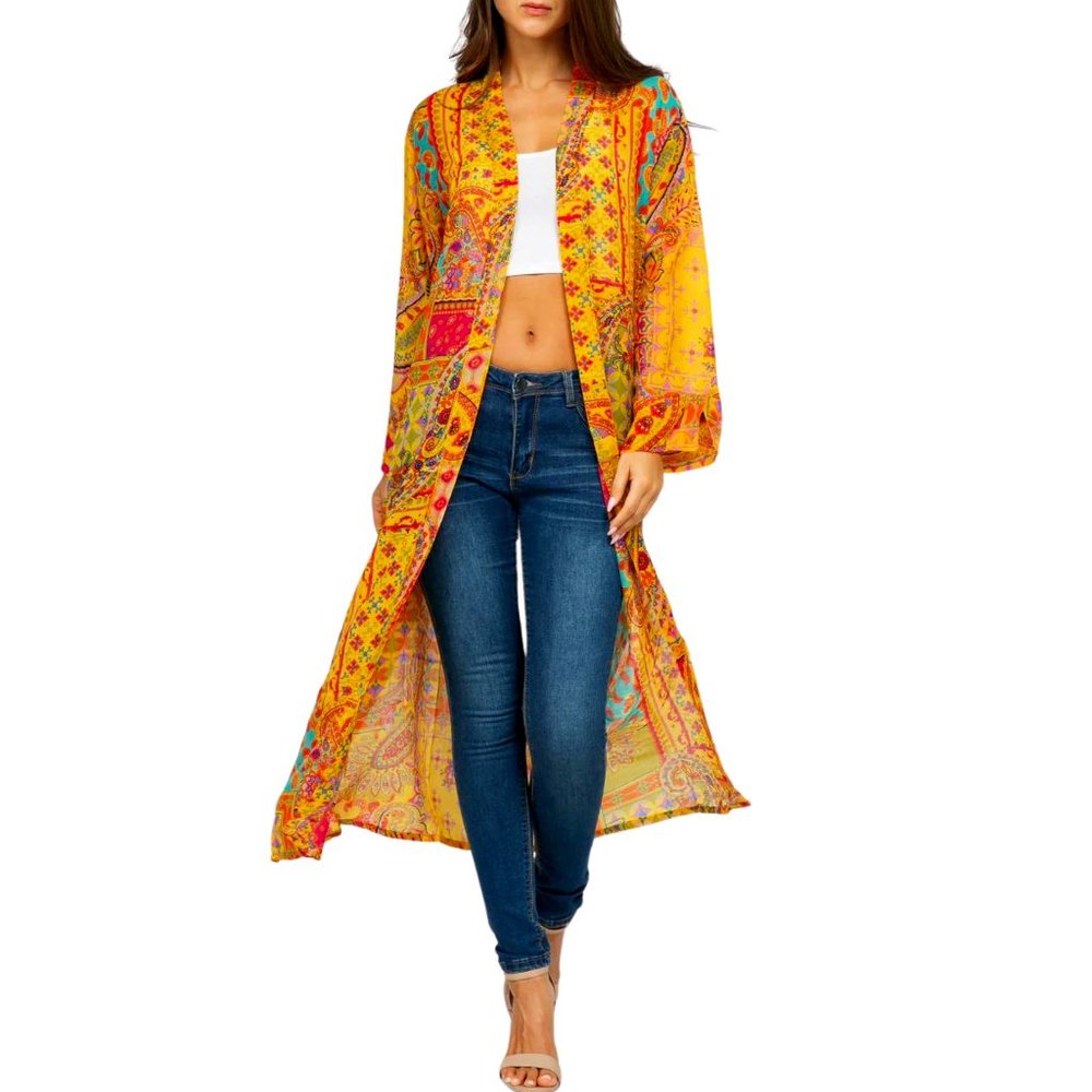 Raj Open Front Mosaic Print Kimono Yellow Gold Purple Green Fuchsia One Size